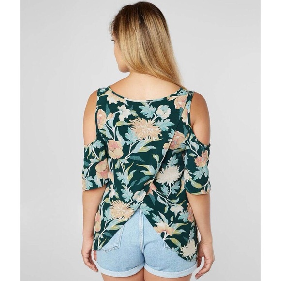 DAYTRIP Floral Flutter Sleeve Cold Shoulder Tulip Back Top L - Picture 14 of 15